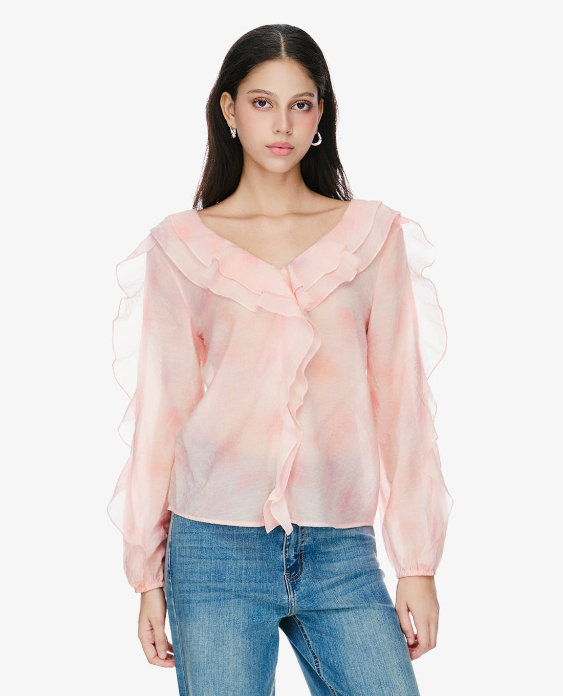 GIGI - Áo kiểu nữ cổ chữ V tay dài phối bèo thời trang