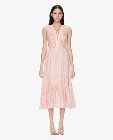  GIGI - Đầm sát nách midi cổ V phối bèo nhún 