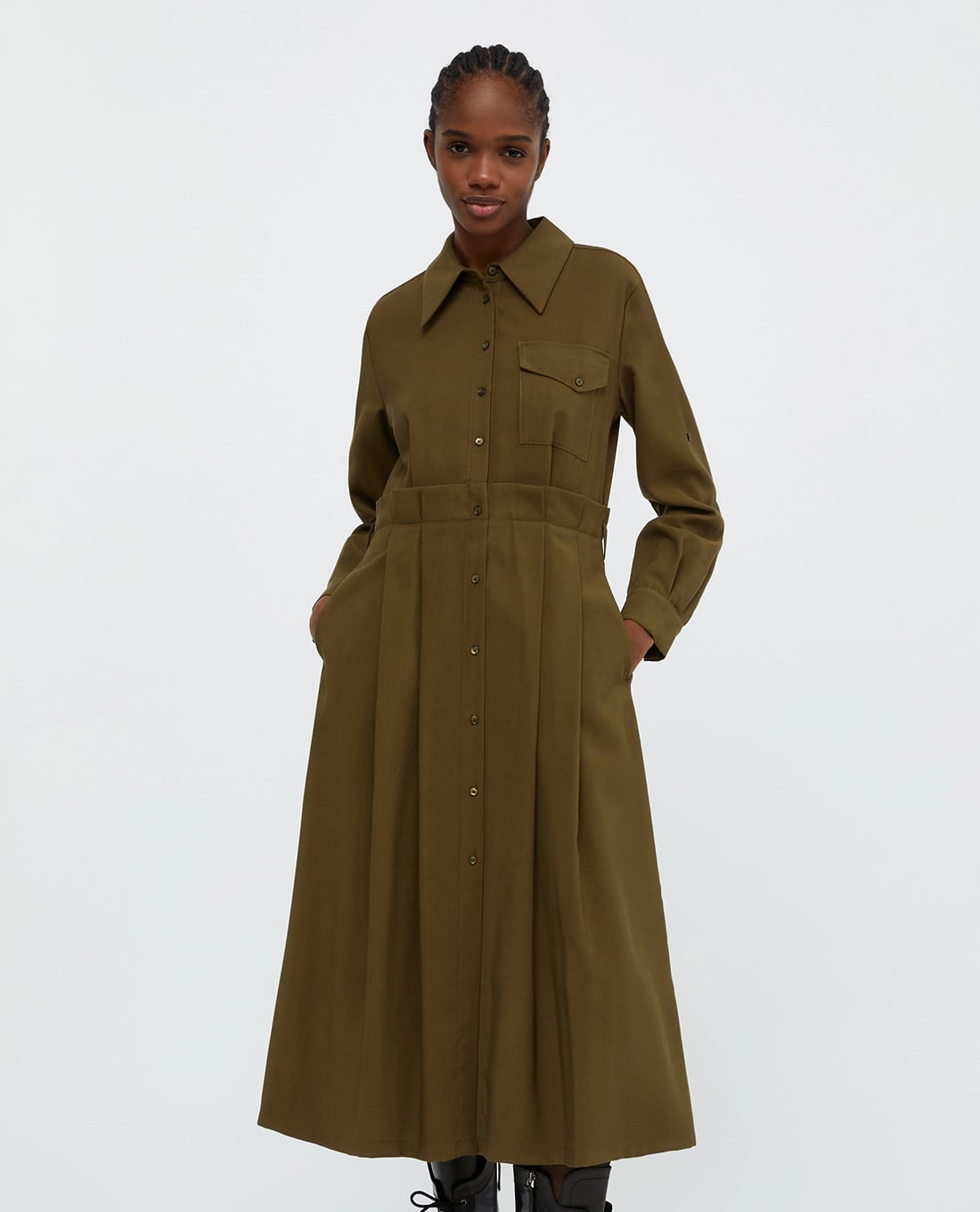 MAX&Co. - Đầm sơ mi midi cổ bẻ tay dài phối thắt lưng Armilla