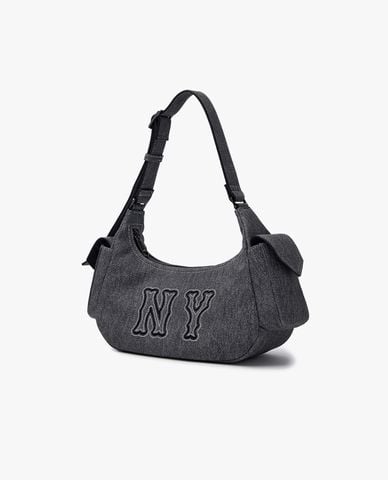  MLB - Túi đeo vai nữ hình bán nguyệt Denim Logo Coopers Mega 