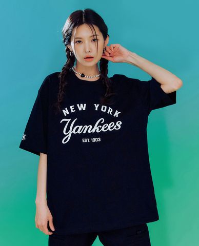  MLB - Áo thun unisex cổ tròn tay ngắn Basic American Lettering 