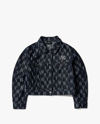  MLB - Áo khoác denim nữ cổ bẻ tay dài Jacquard Monogram 
