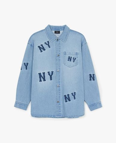  MLB - Áo sơ mi denim unisex cổ bẻ tay dài Megagram 