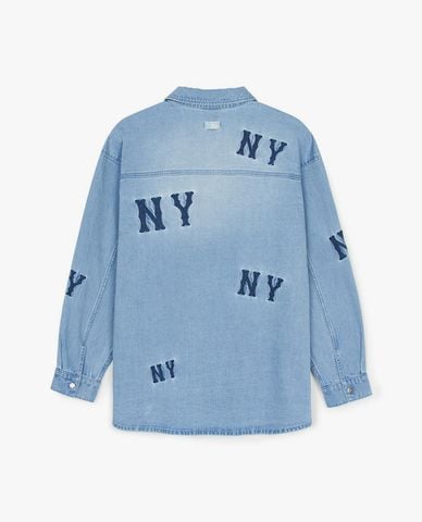  MLB - Áo sơ mi denim unisex cổ bẻ tay dài Megagram 