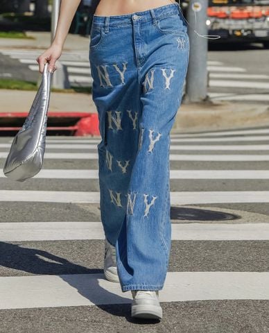  MLB - Quần jeans nữ ống rộng Basic Embroidery Logo 