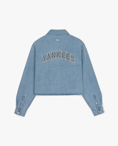  MLB - Áo khoác denim nữ cổ bẻ tay dài New York Yankees 