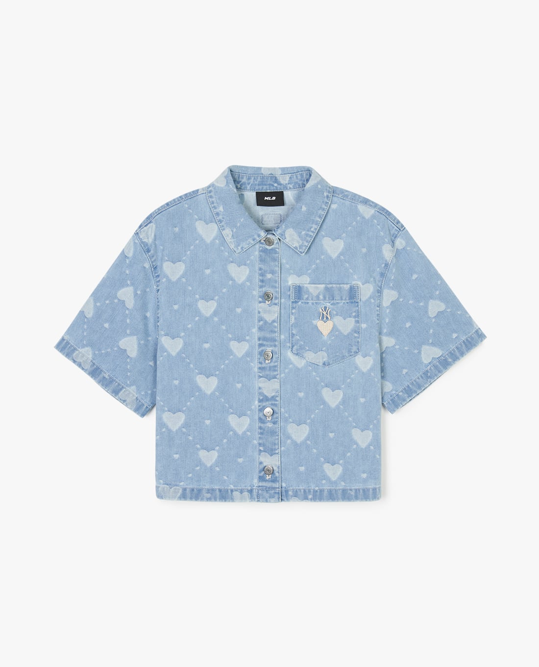 MLB - Áo sơ mi denim nữ cổ bẻ tay ngắn phom croptop Heart Jacquard