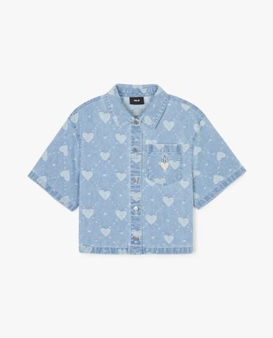  MLB - Áo sơ mi denim nữ cổ bẻ tay ngắn phom croptop Heart Jacquard 