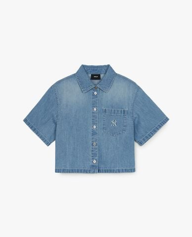  MLB - Áo sơ mi denim nữ cổ bẻ tay ngắn Varsity Logo 