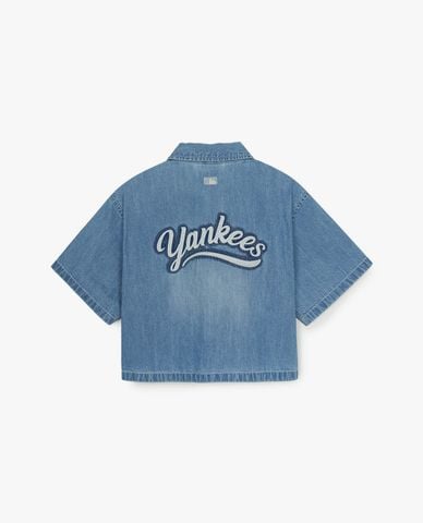  MLB - Áo sơ mi denim nữ cổ bẻ tay ngắn Varsity Logo 