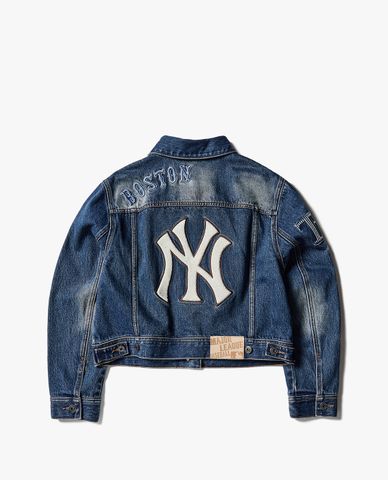  MLB - Áo khoác denim nữ cổ bẻ tay dài phom lửng Waffen Patchwork 