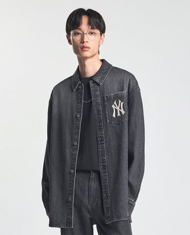  MLB - Áo sơ mi denim unisex cổ bẻ tay dài thời trang 