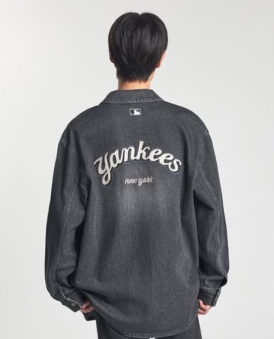  MLB - Áo sơ mi denim unisex cổ bẻ tay dài thời trang 