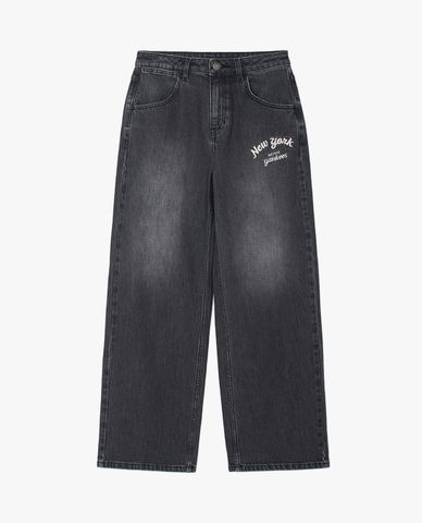  MLB - Quần jeans nữ ống rộng Varsity Cursive Embroidery 