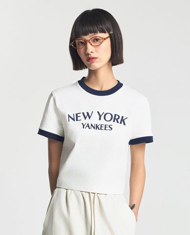  MLB - Áo croptop nữ cổ tròn tay ngắn Varsity 