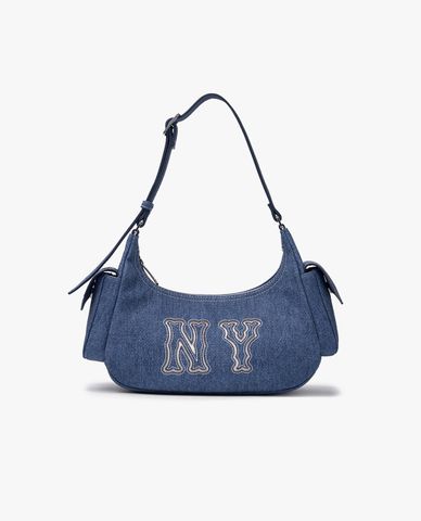  MLB - Túi đeo vai nữ hình bán nguyệt Denim Logo Coopers Mega 