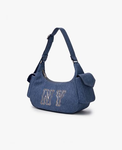 MLB - Túi đeo vai nữ hình bán nguyệt Denim Logo Coopers Mega 