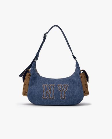  MLB - Túi đeo vai nữ hình bán nguyệt Denim Coopers Mega Logo Dia Monogram 