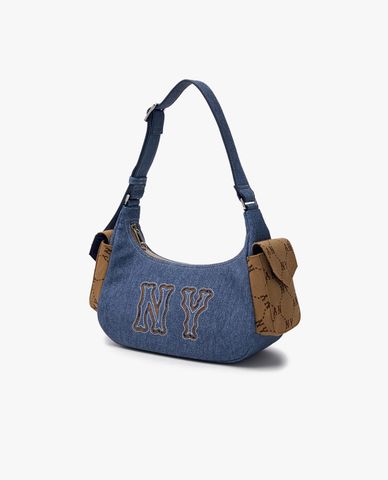  MLB - Túi đeo vai nữ hình bán nguyệt Denim Coopers Mega Logo Dia Monogram 