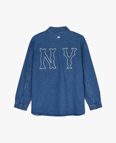  MLB - Áo sơ mi denim unisex cổ bẻ tay dài Logo Coopers Mega 