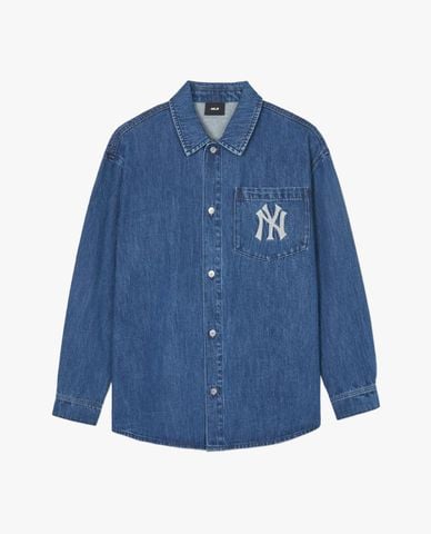  MLB - Áo sơ mi denim cổ bẻ tay dài Basic Mega Logo 