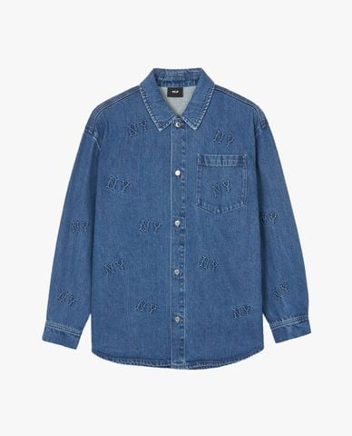  MLB - Áo sơ mi denim cổ bẻ tay dài Classic Embossed Monogram 