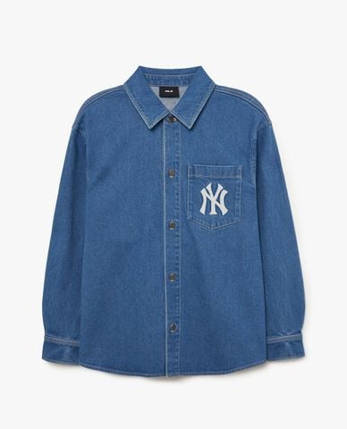  MLB - Áo sơ mi denim unisex cổ bẻ tay dài phom suông thời trang 