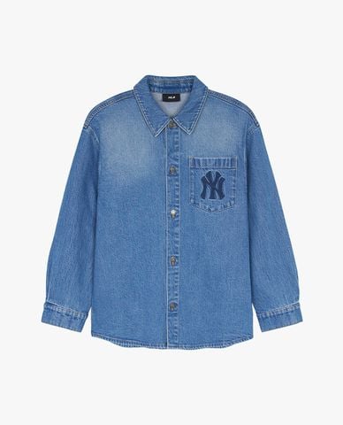  MLB - Áo sơ mi denim unisex cổ bẻ tay dài thời trang 