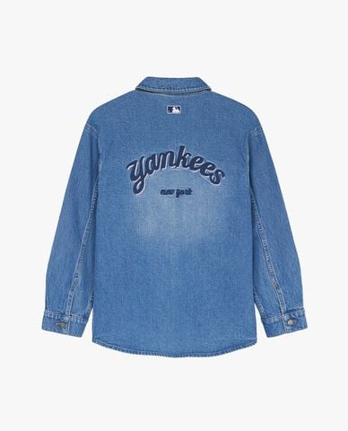  MLB - Áo sơ mi denim unisex cổ bẻ tay dài thời trang 