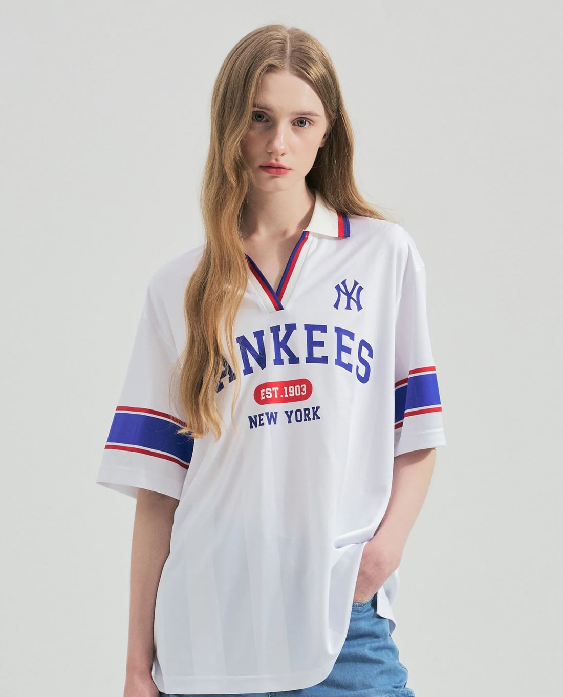 MLB - Áo polo nữ cổ bẻ tay ngắn Varsity Sport Jersey Overfit