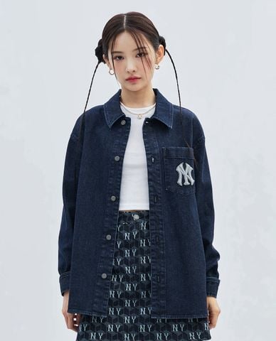  MLB - Áo sơ mi denim unisex cổ bẻ tay dài Denim Cube Monogram Big Lux 