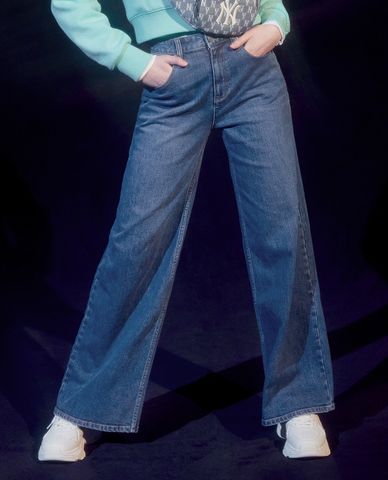  MLB - Quần jeans nữ ống rộng phối logo thời trang 