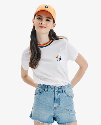  MLB - Áo thun nữ cổ tròn ngắn tay Rainbow Embroidery 