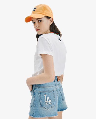  MLB - Áo thun nữ cổ tròn ngắn tay Rainbow Embroidery 