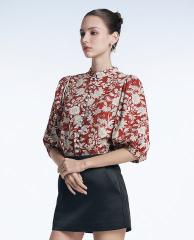  GIGI - Áo sơ mi cổ tròn tay phồng phối hoạ tiết nổi bật 