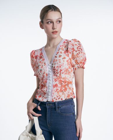  GIGI - Áo kiểu cổ V tay phồng phố ren kèm nút thời thượng 