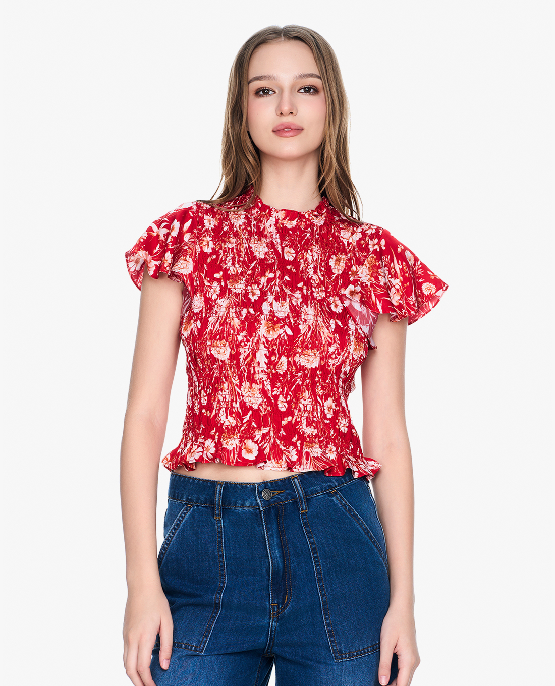 GIGI - Áo kiểu nữ cổ tròn tay ngắn phối hoạ tiết hoa hiện đại