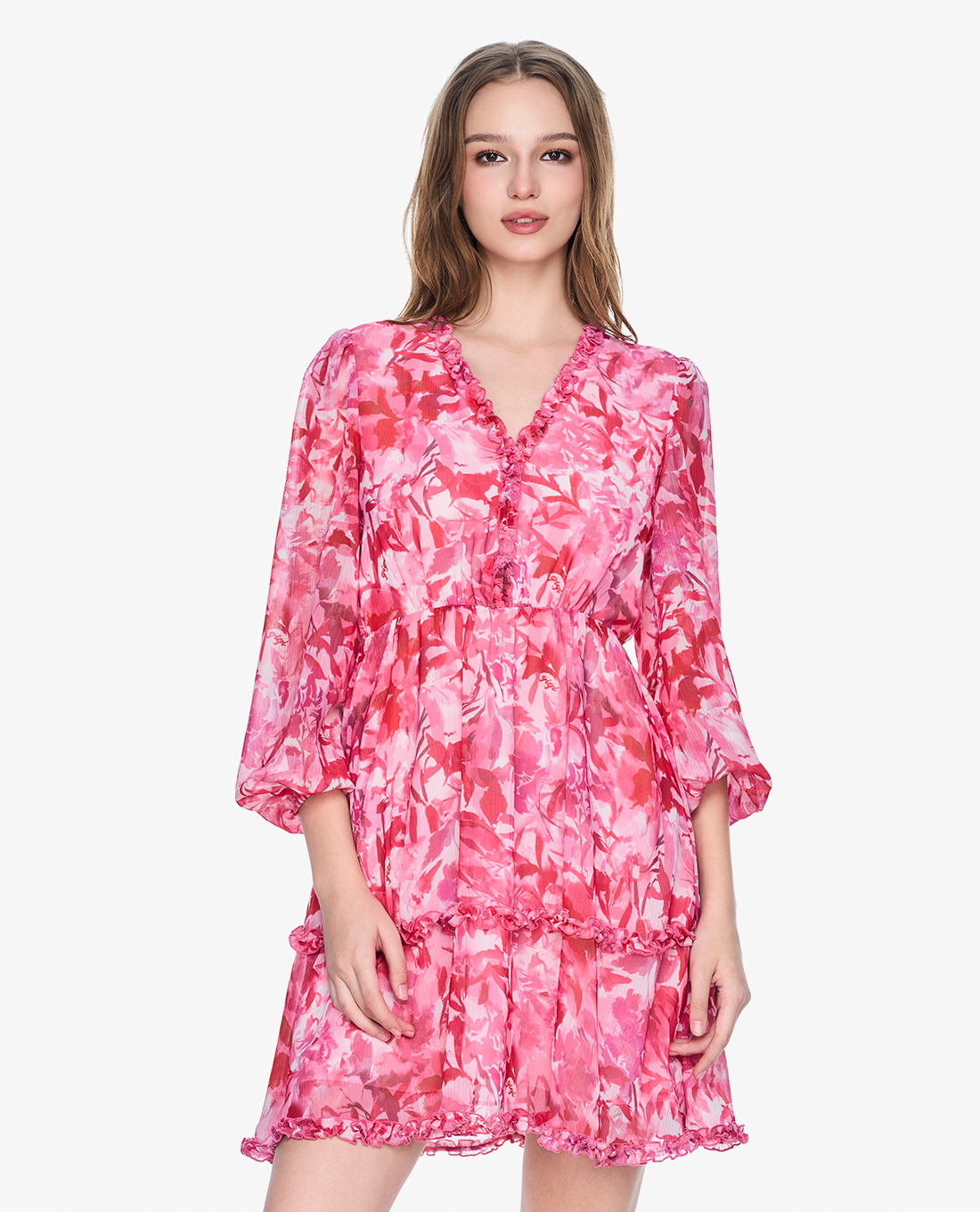 GIGI - Đầm xếp tầng mini cổ V tay dài thời trang