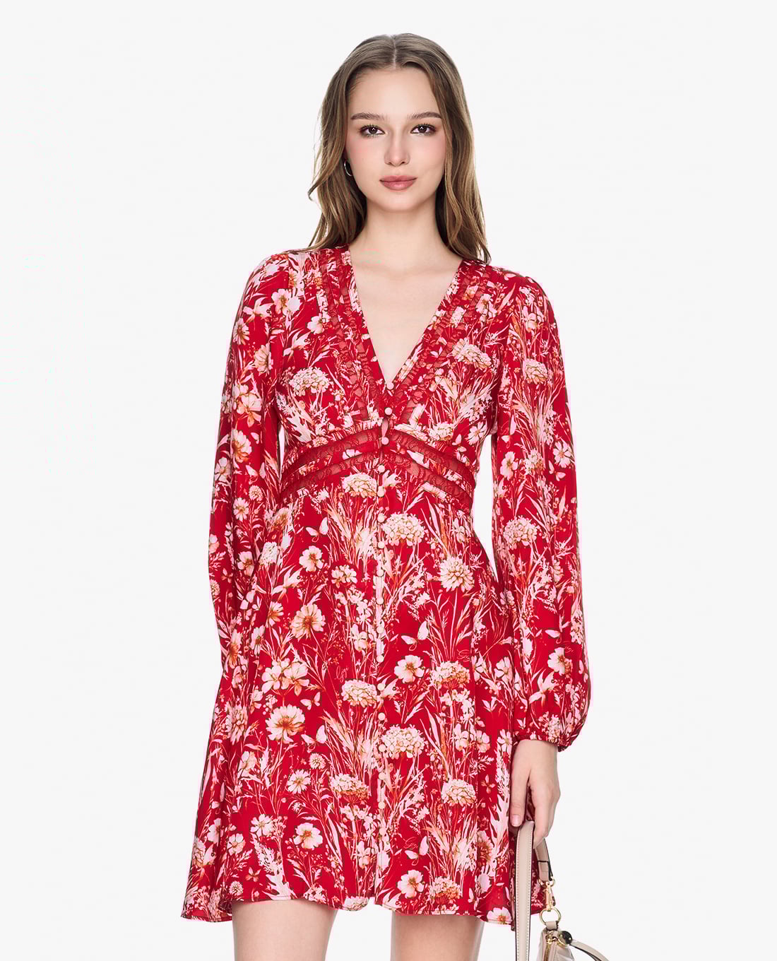 GIGI - Đầm mini cổ V tay dài in hoa thời trang