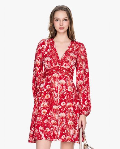  GIGI - Đầm mini cổ V tay dài in hoa thời trang 