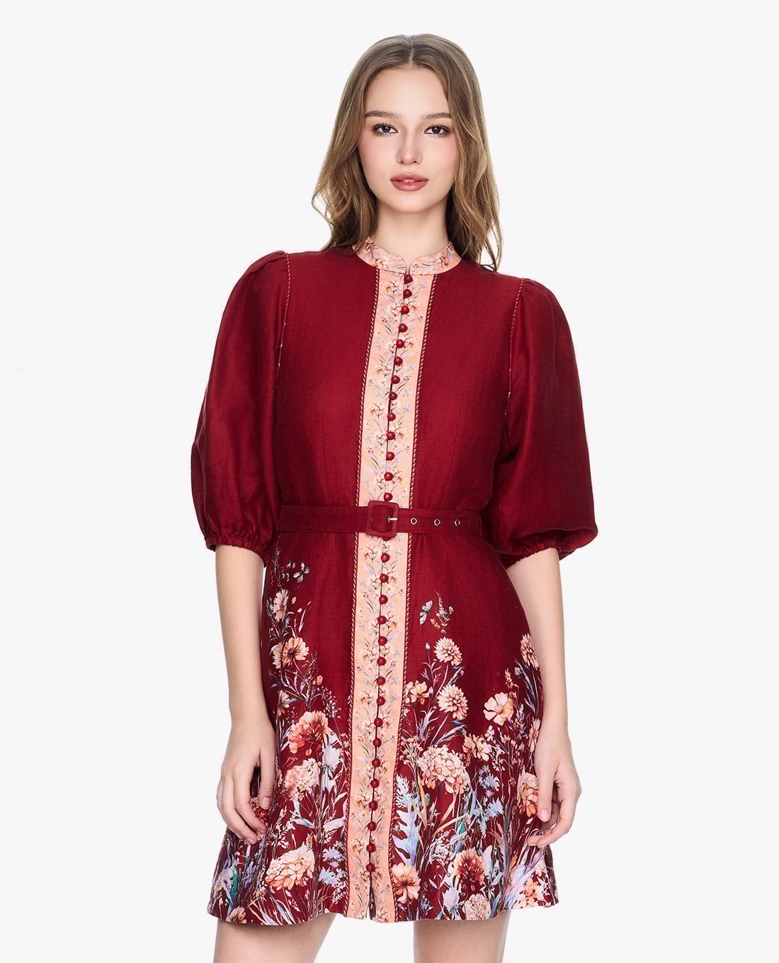 GIGI - Đầm mini cổ tròn tay ngắn in hoa phối thắt lưng thời trang