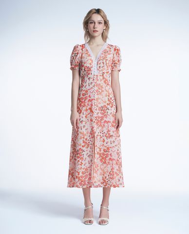  GIGI - Đầm midi cổ V tay phồng xẻ tà phối họa tiết thời thượng 