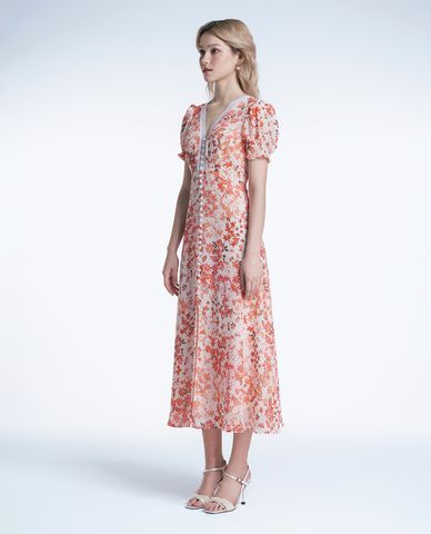  GIGI - Đầm midi cổ V tay phồng xẻ tà phối họa tiết thời thượng 