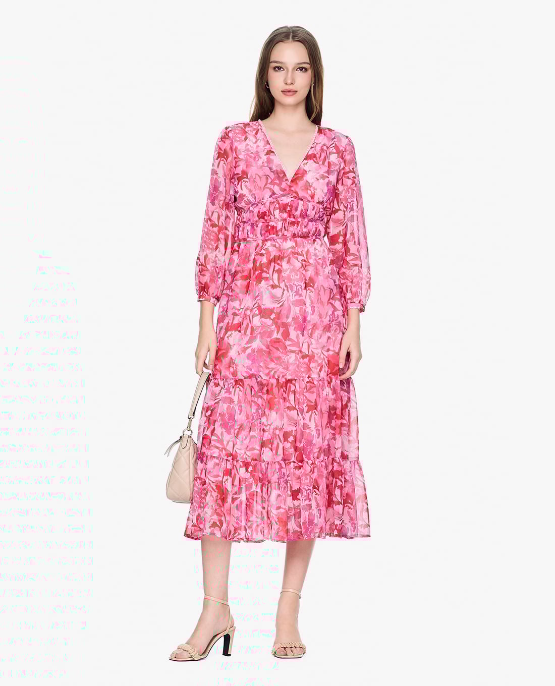 GIGI - Đầm midi cổ V tay dài phối hoạ tiết hoa nữ tính