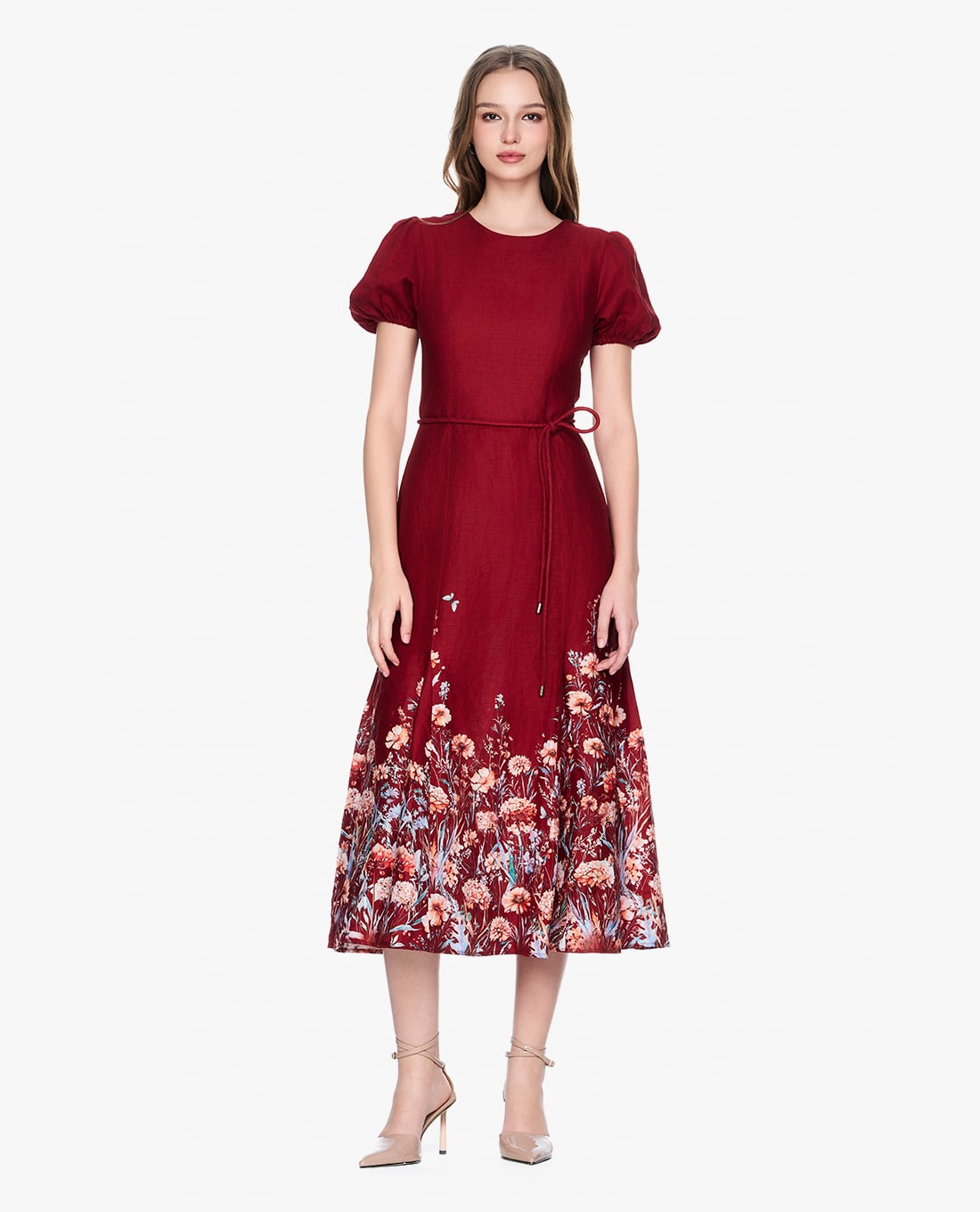 GIGI - Đầm midi cổ tròn tay ngắn in hoa thời trang