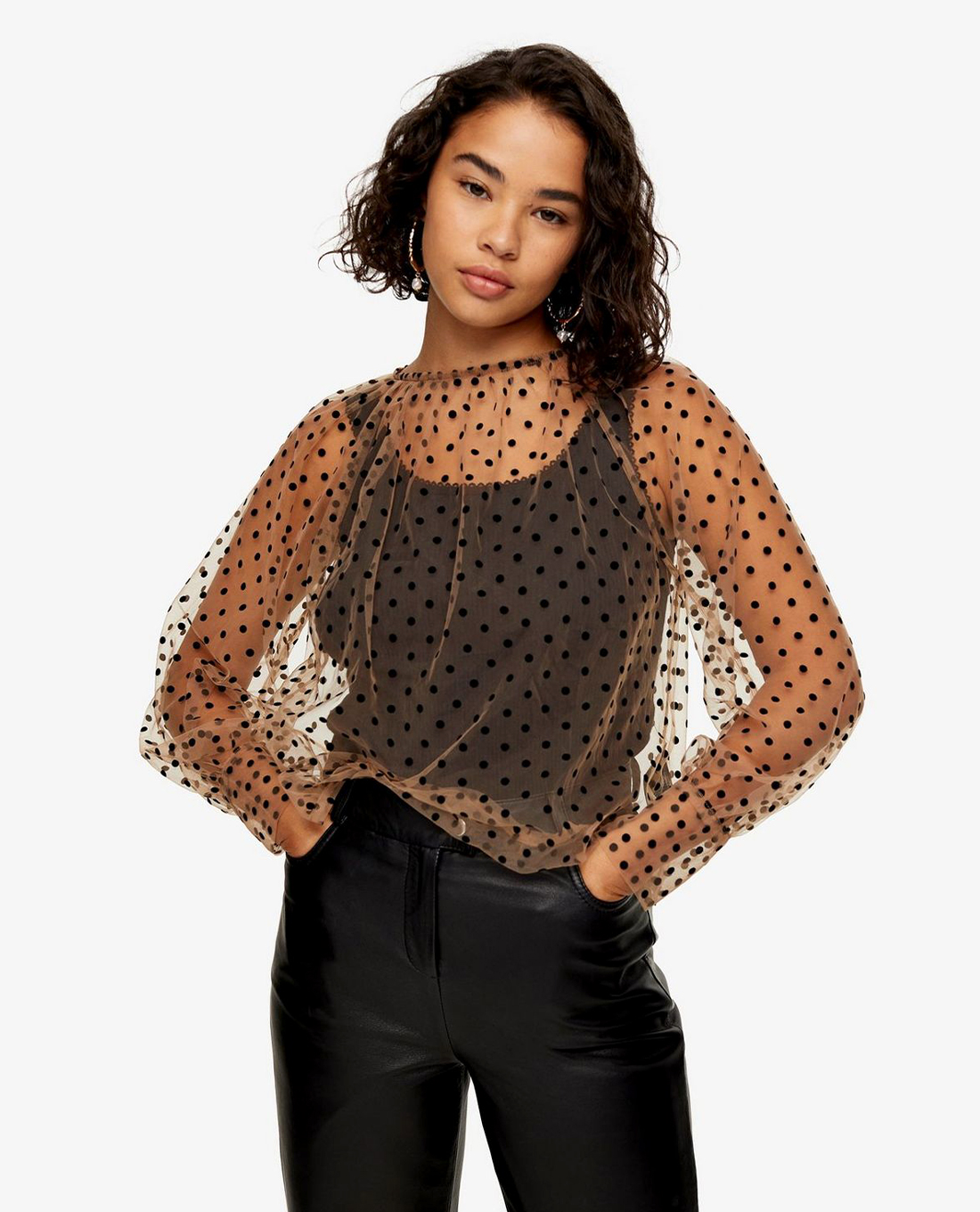 TOPSHOP - Áo kiểu nữ xuyên thấu tay dài Petite Polka Dot Mesh With Balloon