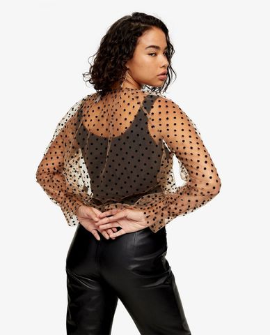  TOPSHOP - Áo kiểu nữ xuyên thấu tay dài Petite Polka Dot Mesh With Balloon 
