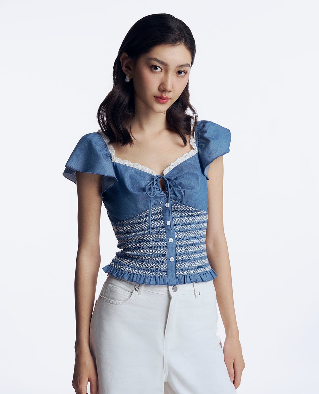 GIGI - Áo kiểu nữ cổ V tay phồng phối bèo thời thượng