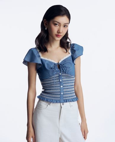  GIGI - Áo kiểu nữ cổ V tay phồng phối bèo thời thượng 