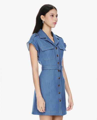  GIGI - Đầm denim mini cổ bẻ tay ngắn phối thắt lưng 